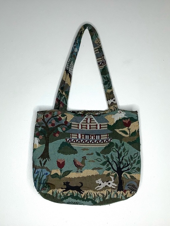 Handbags - < Vintage Cottagecore Woven Tapestry Tote Bag Farm Scene >